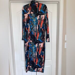 SHEIN Blue and Orange Sheath Midi Dress Long Sleeve Crew Neck Cocktail